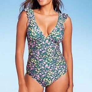 Kona Sol teal floral ruffle v neck one piece swimsuit S